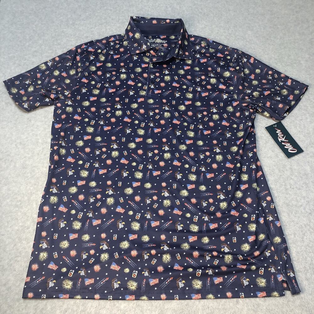 NWT Old Row Polo Shirt Mens Medium USA Eagle FireworksAOP Performance Golf Tech